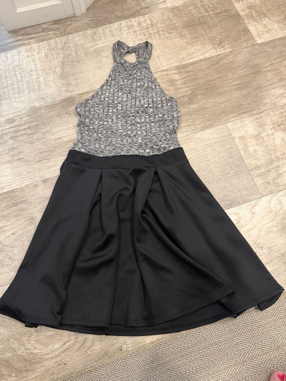 Womens Black Flared Skirt with Gray Knit Waist